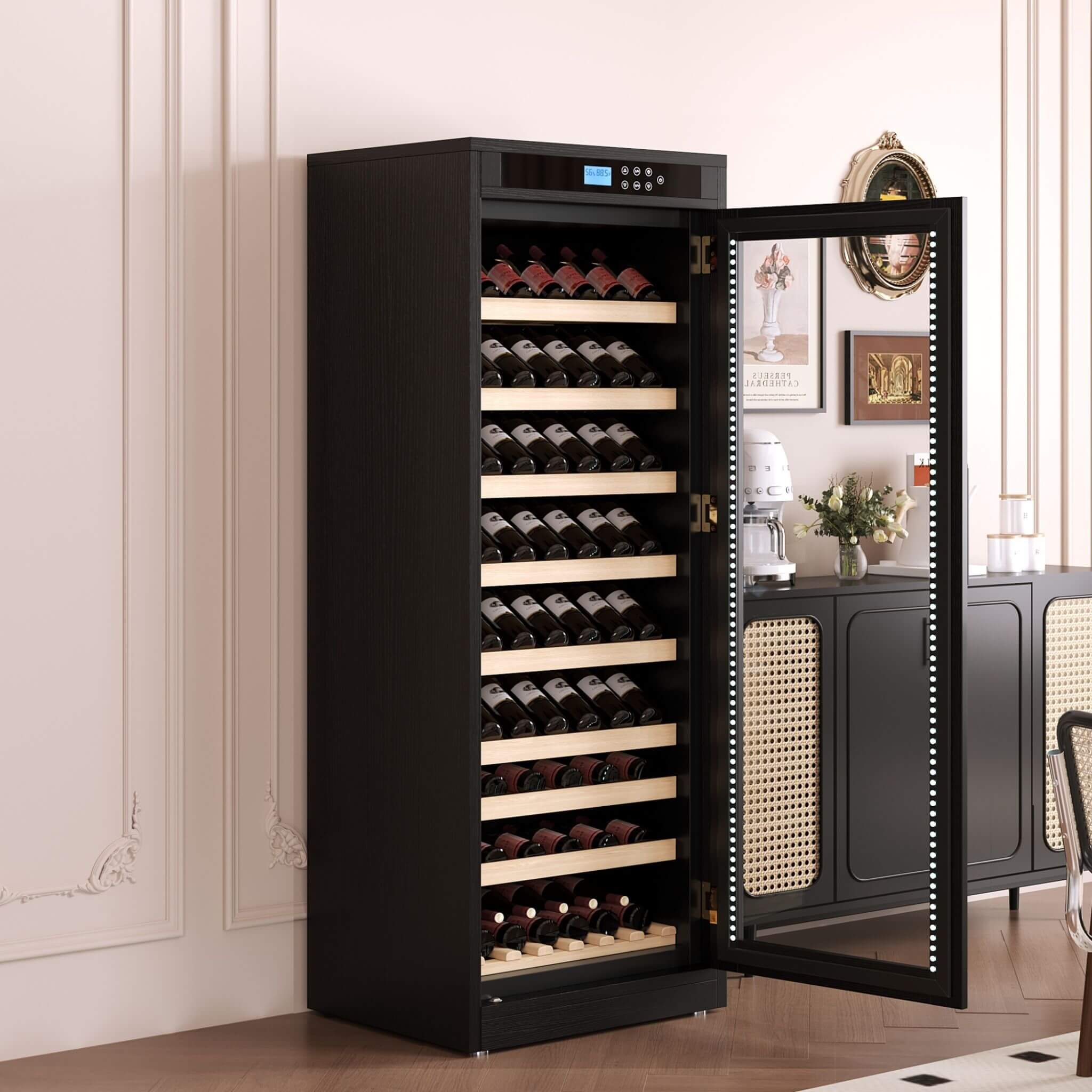 Nuvia Multi-Tier Wine Cabinet | Smart Temperature Control | Black Wood & Tempered Glass | SAK46361