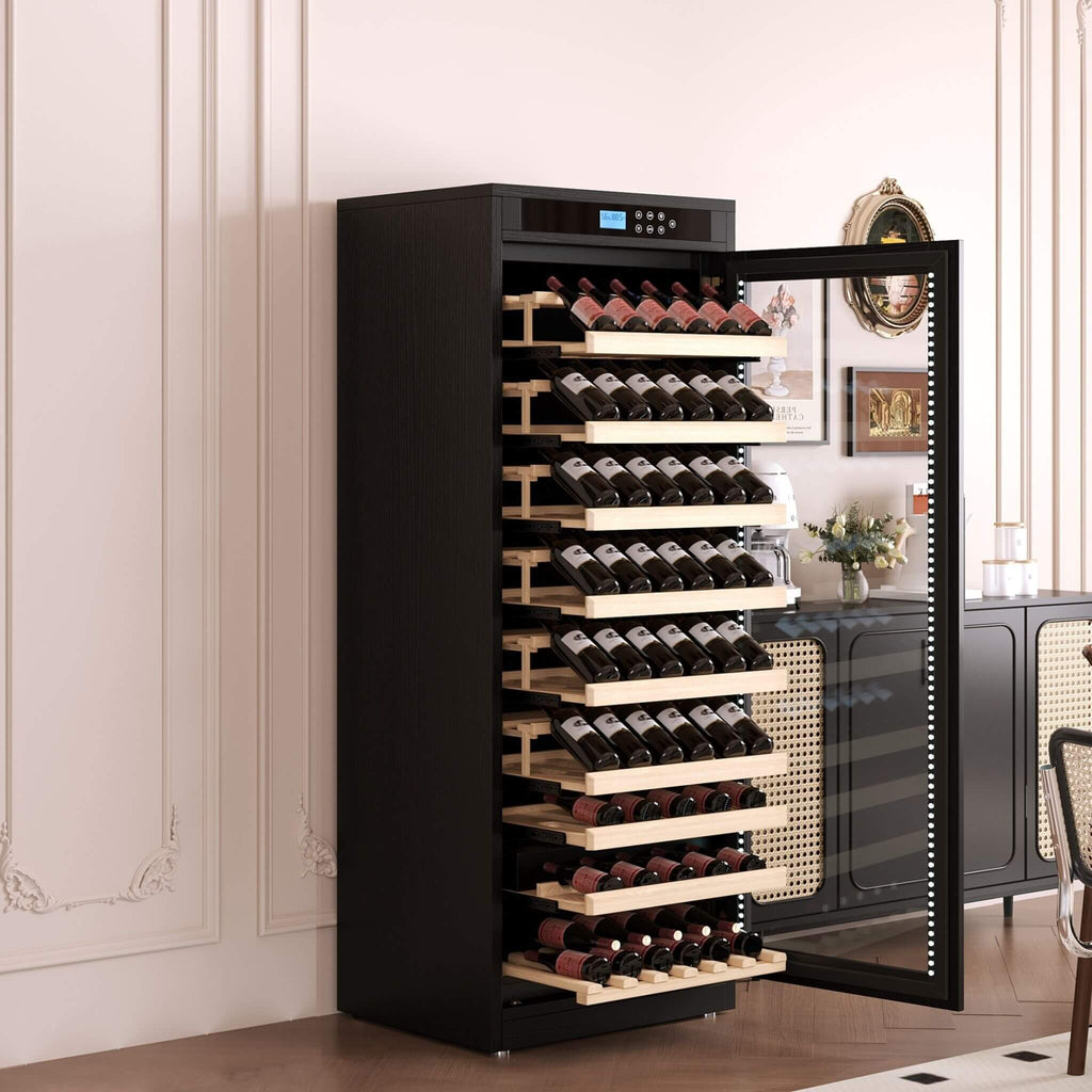 Nuvia Multi-Tier Wine Cabinet | Smart Temperature Control | Black Wood & Tempered Glass | SAK46361