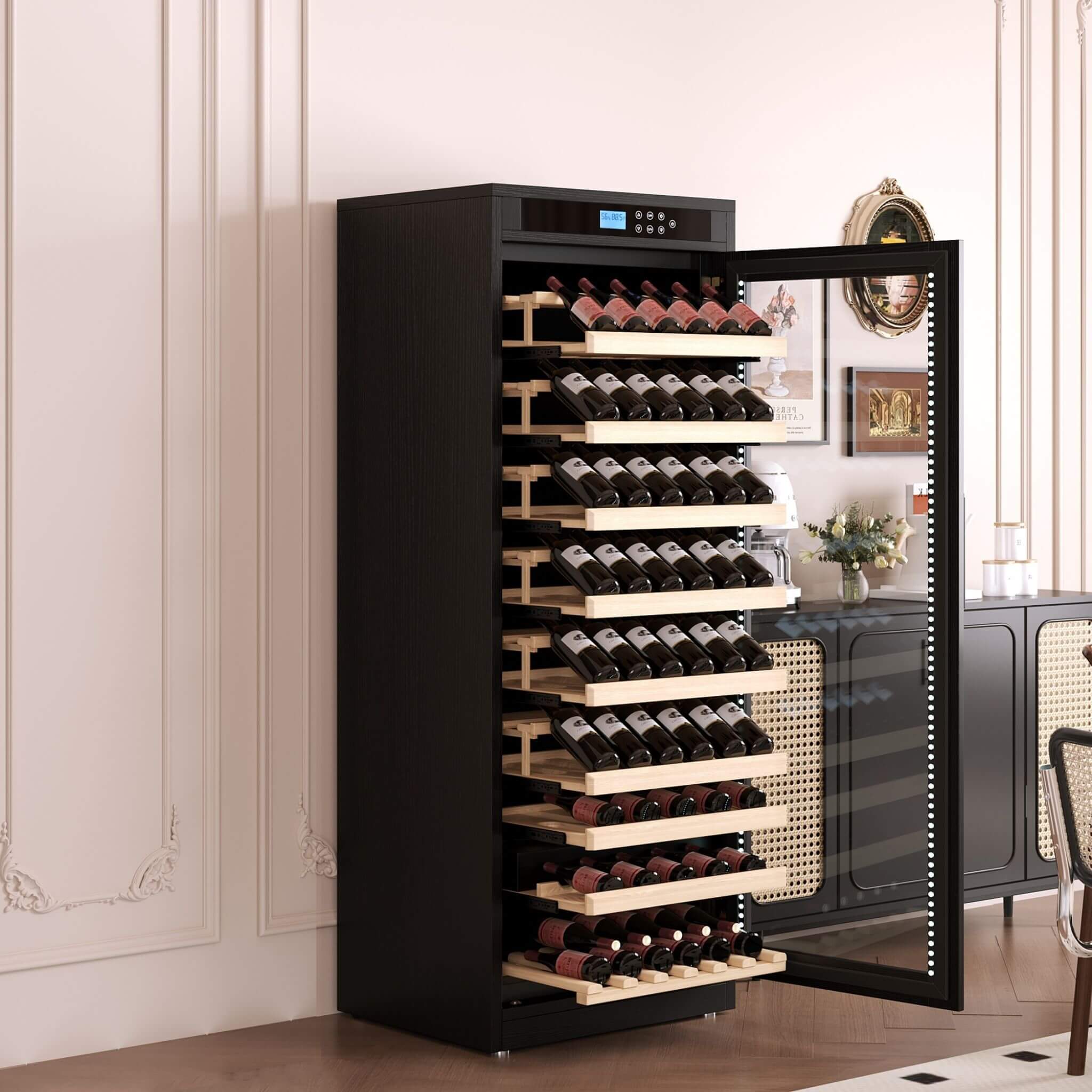 Nuvia Multi-Tier Wine Cabinet | Smart Temperature Control | Black Wood & Tempered Glass | SAK46361