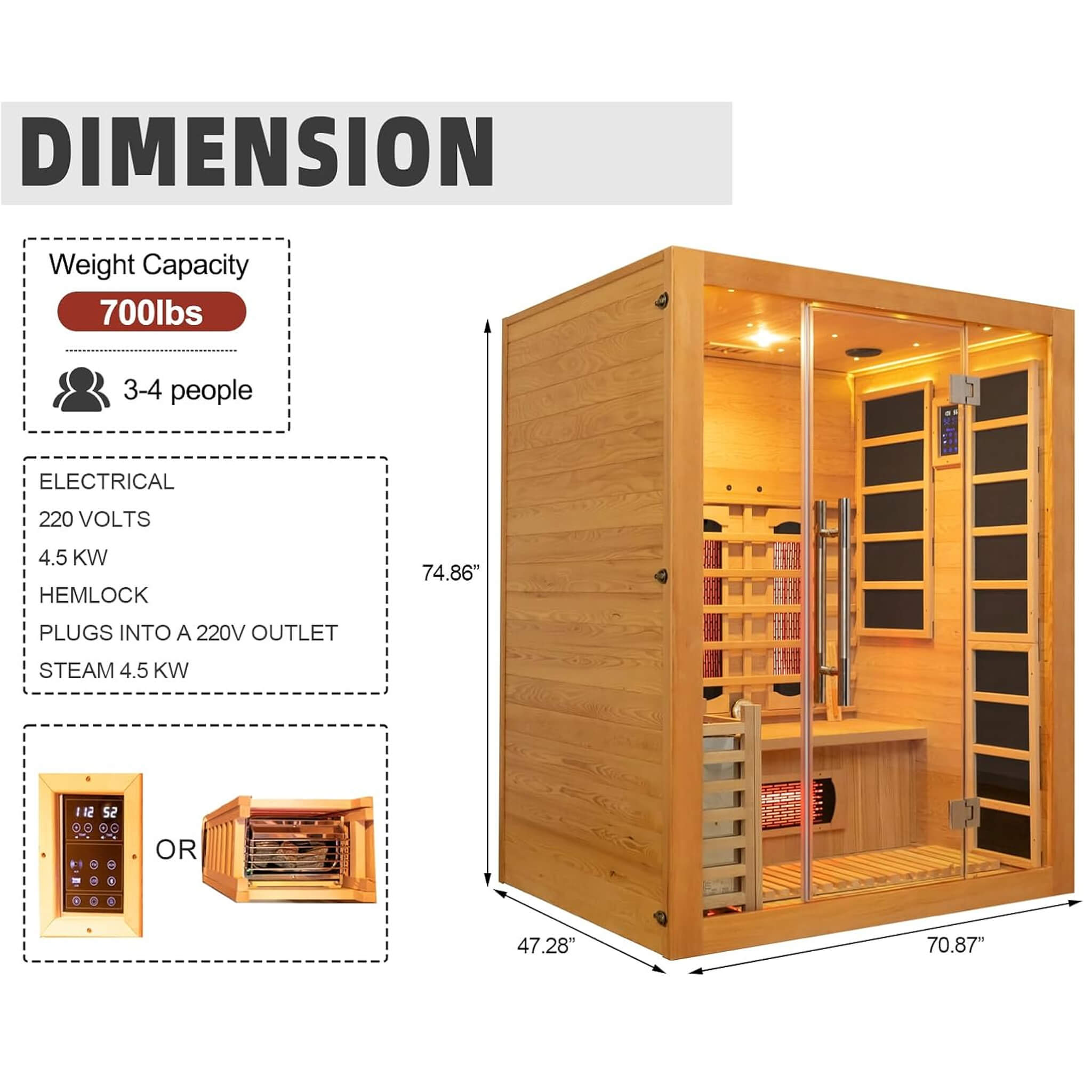 Rövia Aurora 3-Person Indoor Hybrid Sauna with Infrared & 4.5KW Steam Heater | Model SAK41592