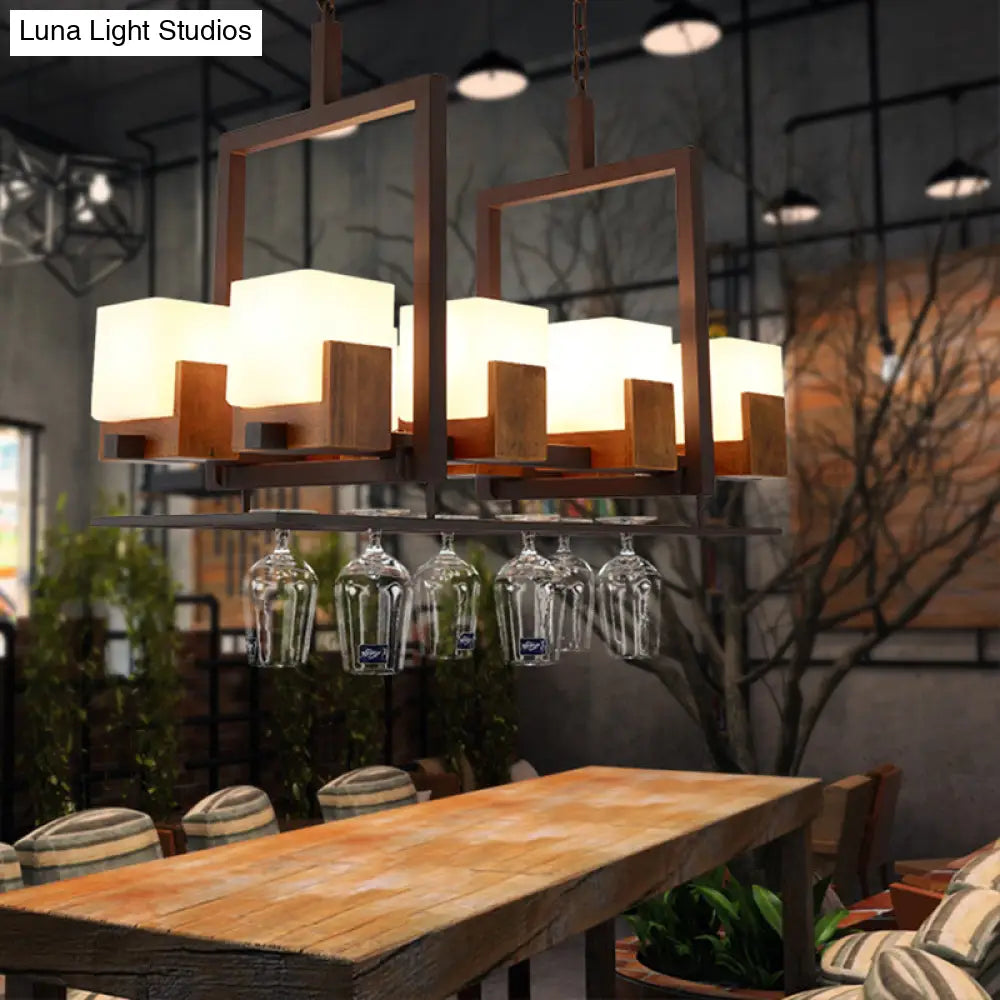 DecorBites Rustic White Glass Square Island Pendant Light | 8-Light Bronze Ceiling Mount | Available With or Without Wine Glasses
