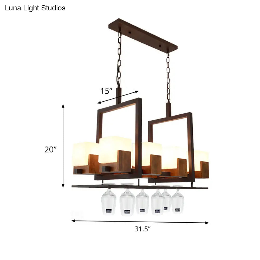 DecorBites Rustic White Glass Square Island Pendant Light | 8-Light Bronze Ceiling Mount | Available With or Without Wine Glasses